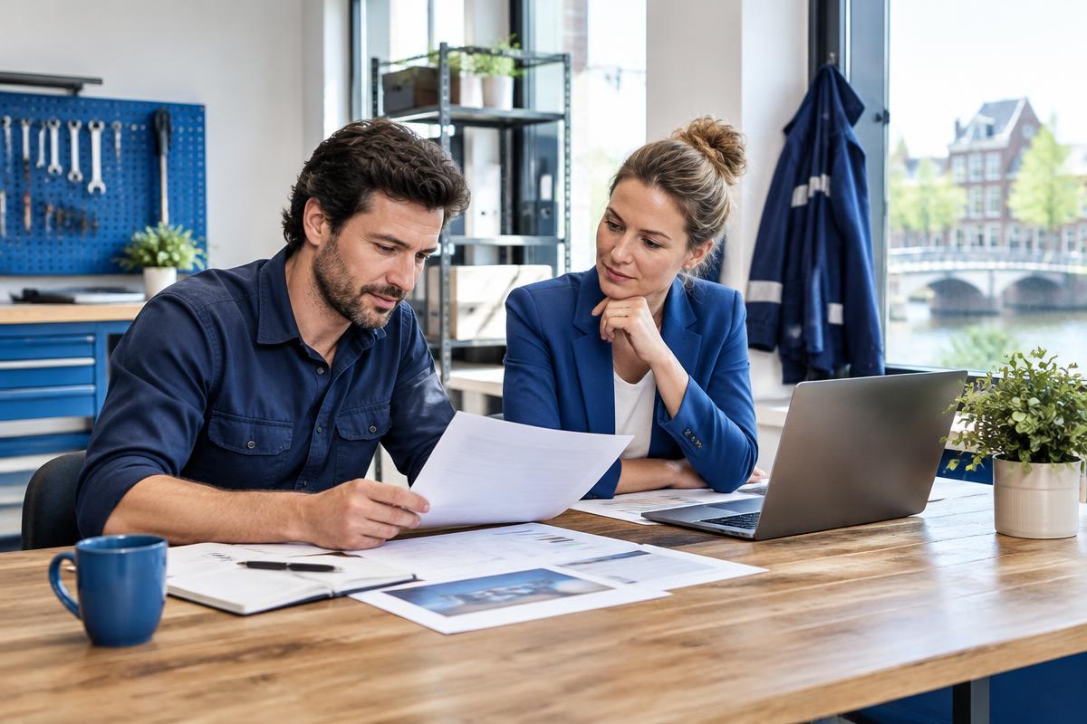 Twee ondernemers bekijken samen documenten